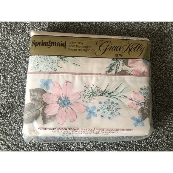 Grace Kelly Springmaid King Flat Sheet White with Flowers No Iron PercaleNOS USA - Picture 1 of 2